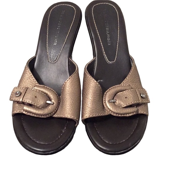 Tommy Hilfiger Greer Metallic Gold Leather Wedges Sandals Platforms Sz 8M - Picture 2 of 8